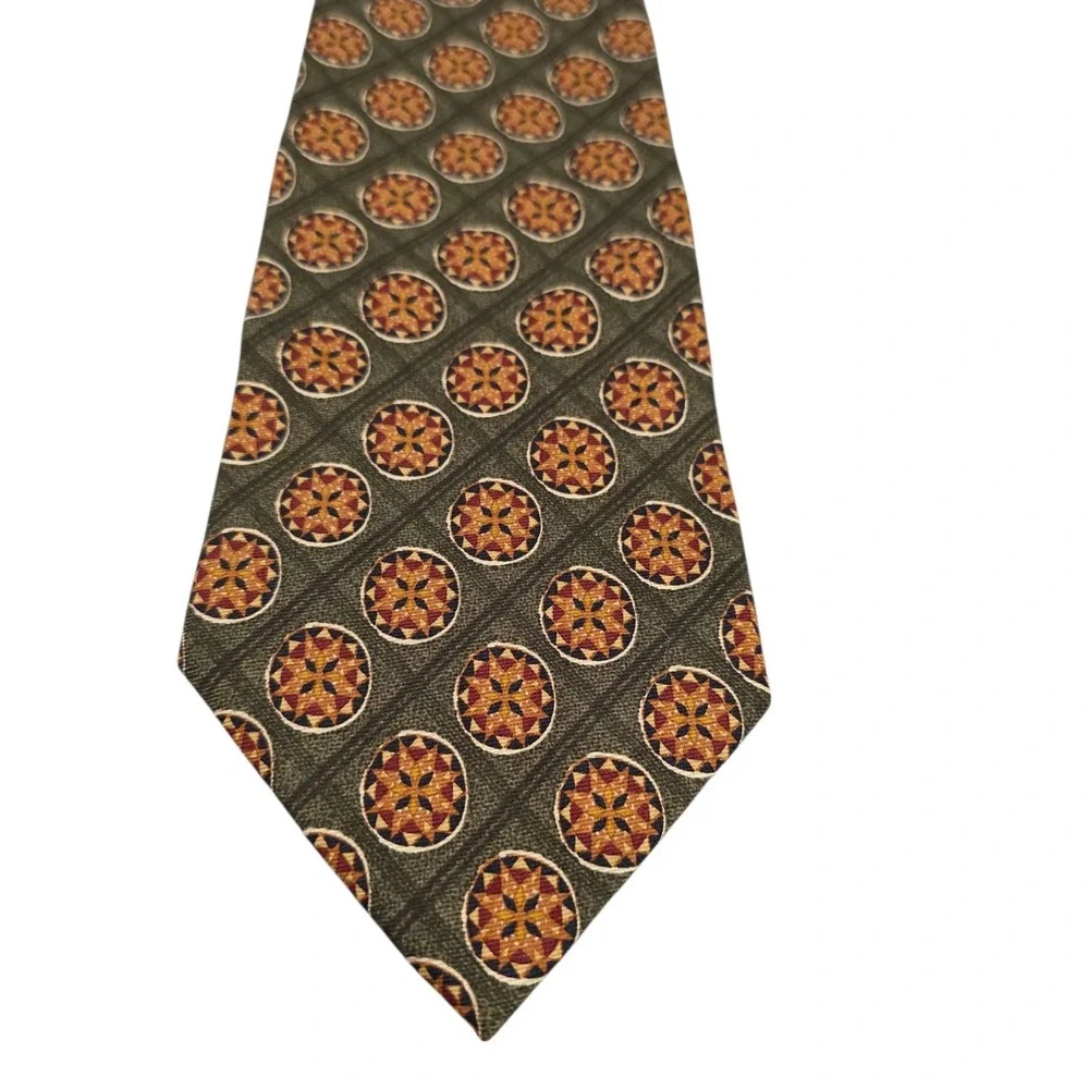 Vintage J.CREW Silk Medallion Pattern Tie Green Orange Men's Luxury Neckwear‎